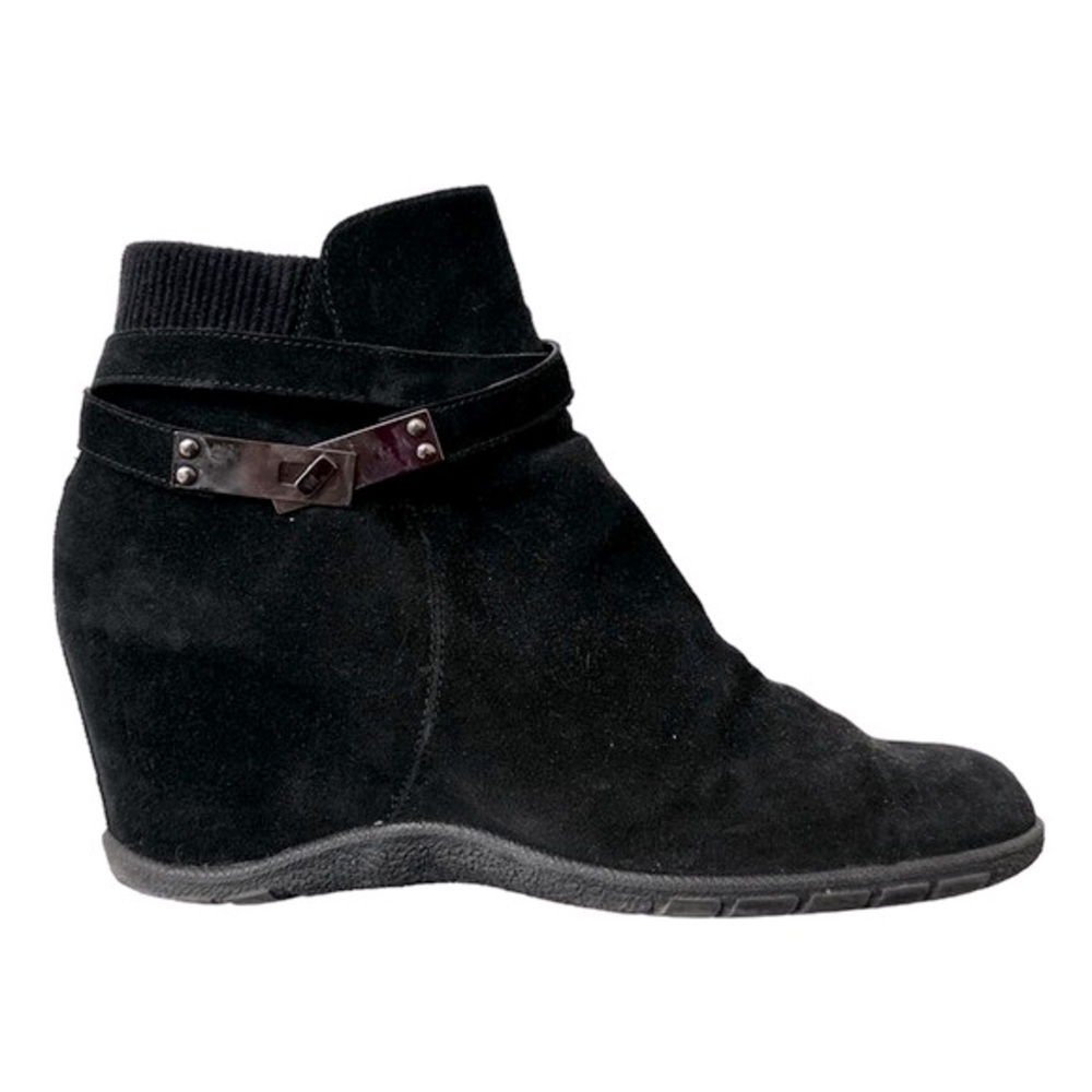 Aquatalia Love Booties Slimline Black Suede Wedge Belted Ankle Boot Size 11‎